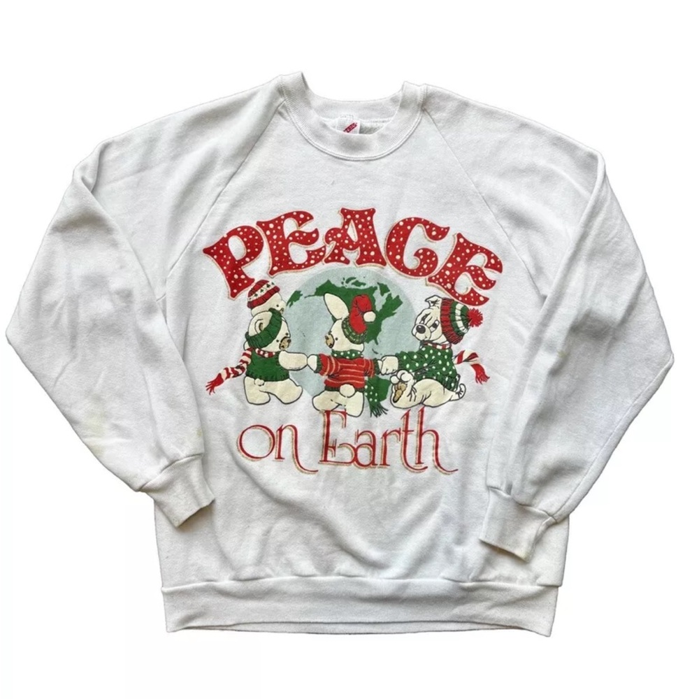 Peace on Earth Christmas Women’s White‎ Polar Bears Crewneck Jerzees size Medium